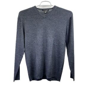Kenneth Cole NWT Merino Wool Blend Gray Mens Ribbed V-Neck L/S Sweater Medium